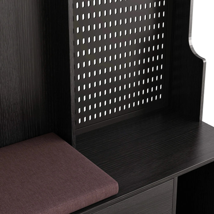 Multi-purpose Hallway Hall Tree with Removable Linen Cushioned Entryway Bench, Coat Rack, Storage Shelves, and DIY Pegboard,for Hallways, Living Room, Black Default -DTYStore