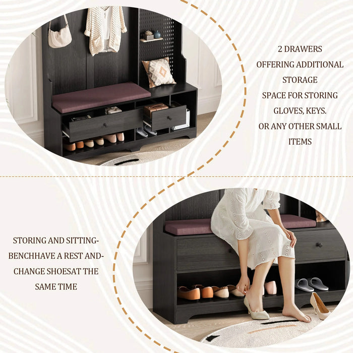 Multi-purpose Hallway Hall Tree with Removable Linen Cushioned Entryway Bench, Coat Rack, Storage Shelves, and DIY Pegboard,for Hallways, Living Room, Black Default -DTYStore