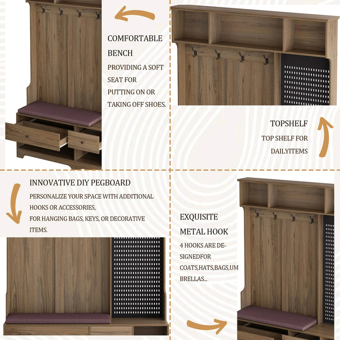 Multi-purpose Hallway Hall Tree with Removable Linen Cushioned Entryway Bench, Coat Rack, Storage Shelves, and DIY Pegboard,for Hallways, Living Room, Brown Default -DTYStore