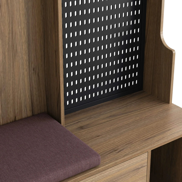 Multi-purpose Hallway Hall Tree with Removable Linen Cushioned Entryway Bench, Coat Rack, Storage Shelves, and DIY Pegboard,for Hallways, Living Room, Brown Default -DTYStore