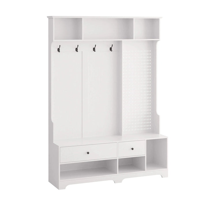 Multi-purpose Hallway Hall Tree with Removable Linen Cushioned Entryway Bench, Coat Rack, Storage Shelves, and DIY Pegboard,for Hallways, Living Room, White Default -DTYStore