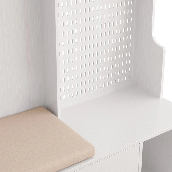 Multi-purpose Hallway Hall Tree with Removable Linen Cushioned Entryway Bench, Coat Rack, Storage Shelves, and DIY Pegboard,for Hallways, Living Room, White Default -DTYStore