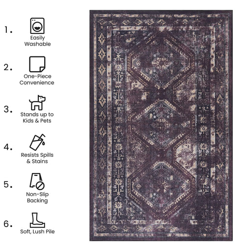 NAAR MAVAL Black Washable Rug 6' x 9' Runner Rug (Black+Burgundy, 6' x 9') Default -DTYStore