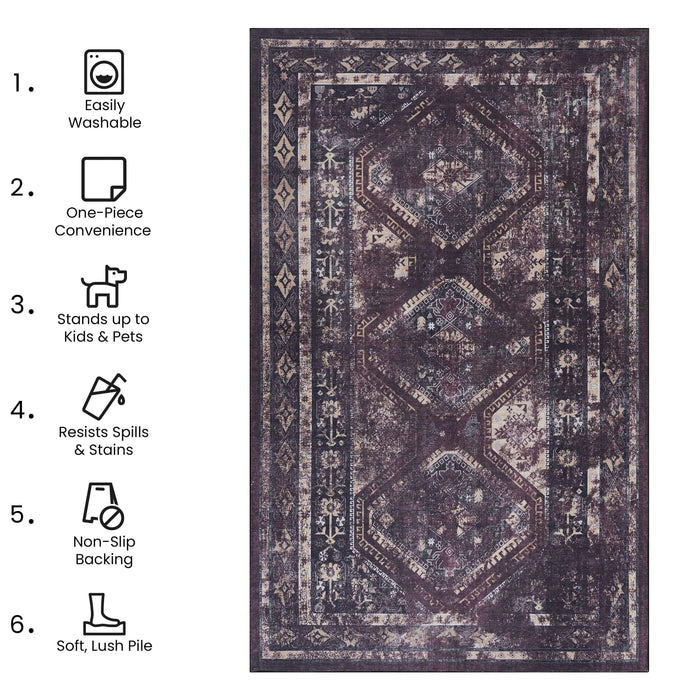 NAAR MAVAL Black Washable Rug 6' x 9' Runner Rug (Black+Burgundy, 6' x 9') Default -DTYStore