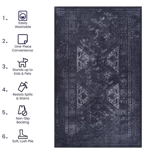 NAAR MAVAL Black Washable Rug 6x9 Area Rug (Black+Gray, 6' x 9') Default -DTYStore