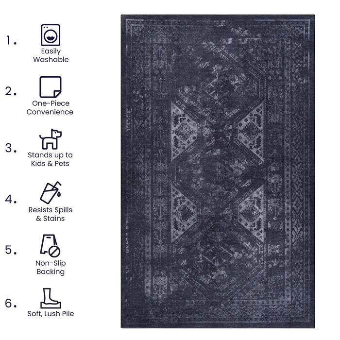 NAAR MAVAL Black Washable Rug 8x10 Area Rug (Black+Gray, 8' x 10') Default -DTYStore