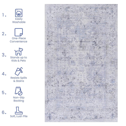 NAAR MAVAL Blue Washable Rug 6x9 Area Rug (Blue+Cream, 6' x 9') Default -DTYStore