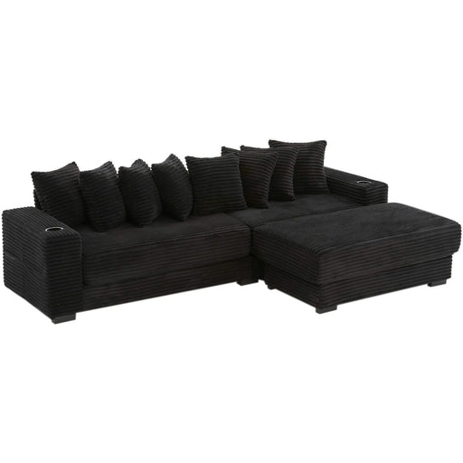 [NEW ARRIVED] [VIDEO PROVIDED] 110.75' Modular L Shaped Sofa, Corduroy Fabric Sectional Couch,With a movable footstool, Cup Holders,Bring 8 throw pillows,Side Pocket,Unfold into a Bed,Black Default -DTYStore
