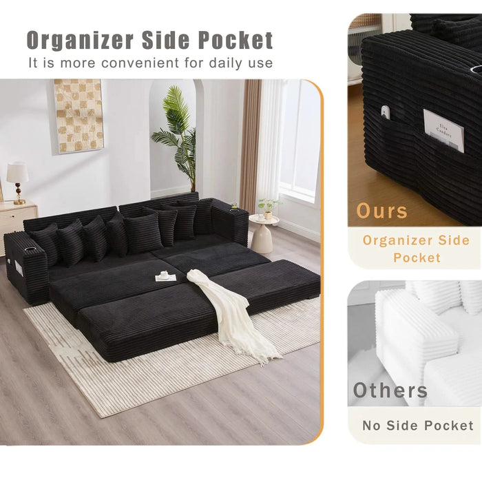 [NEW ARRIVED] [VIDEO PROVIDED] 110.75' Modular L Shaped Sofa, Corduroy Fabric Sectional Couch,With a movable footstool, Cup Holders,Bring 8 throw pillows,Side Pocket,Unfold into a Bed,Black Default -DTYStore
