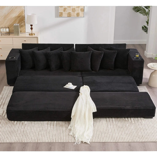[NEW ARRIVED] [VIDEO PROVIDED] 110.75' Modular L Shaped Sofa, Corduroy Fabric Sectional Couch,With a movable footstool, Cup Holders,Bring 8 throw pillows,Side Pocket,Unfold into a Bed,Black Default -DTYStore