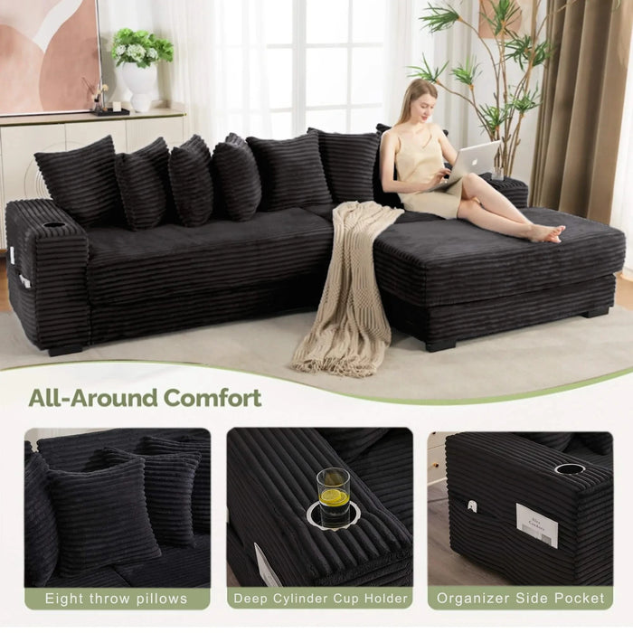 [NEW ARRIVED] [VIDEO PROVIDED] 110.75' Modular L Shaped Sofa, Corduroy Fabric Sectional Couch,With a movable footstool, Cup Holders,Bring 8 throw pillows,Side Pocket,Unfold into a Bed,Black Default -DTYStore