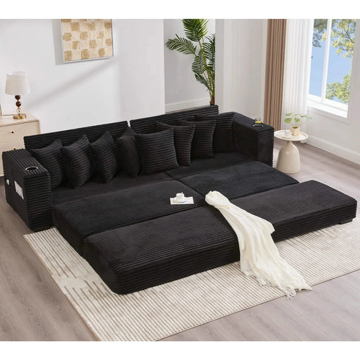 [NEW ARRIVED] [VIDEO PROVIDED] 110.75' Modular L Shaped Sofa, Corduroy Fabric Sectional Couch,With a movable footstool, Cup Holders,Bring 8 throw pillows,Side Pocket,Unfold into a Bed,Black Default -DTYStore