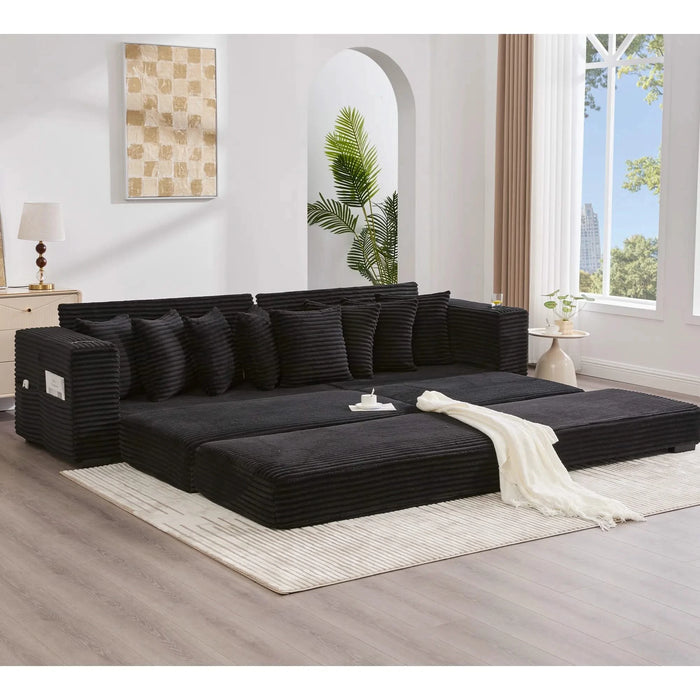 [NEW ARRIVED] [VIDEO PROVIDED] 110.75' Modular L Shaped Sofa, Corduroy Fabric Sectional Couch,With a movable footstool, Cup Holders,Bring 8 throw pillows,Side Pocket,Unfold into a Bed,Black Default -DTYStore