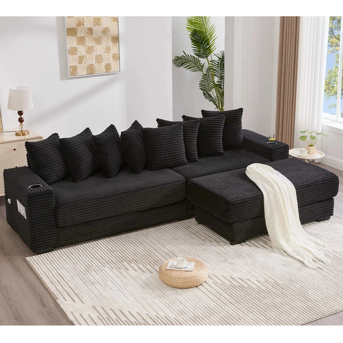 [NEW ARRIVED] [VIDEO PROVIDED] 110.75' Modular L Shaped Sofa, Corduroy Fabric Sectional Couch,With a movable footstool, Cup Holders,Bring 8 throw pillows,Side Pocket,Unfold into a Bed,Black Default -DTYStore