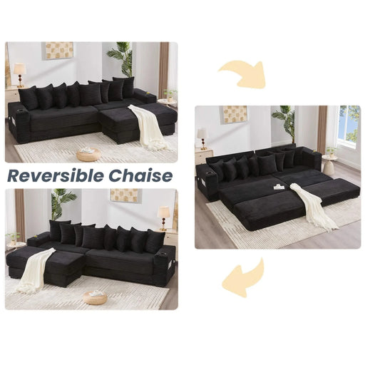 [NEW ARRIVED] [VIDEO PROVIDED] 110.75' Modular L Shaped Sofa, Corduroy Fabric Sectional Couch,With a movable footstool, Cup Holders,Bring 8 throw pillows,Side Pocket,Unfold into a Bed,Black Default -DTYStore
