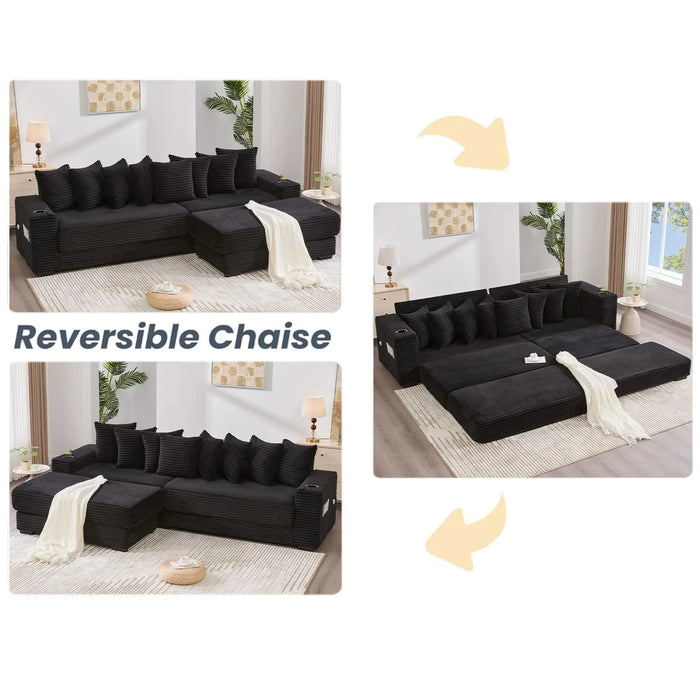 [NEW ARRIVED] [VIDEO PROVIDED] 110.75' Modular L Shaped Sofa, Corduroy Fabric Sectional Couch,With a movable footstool, Cup Holders,Bring 8 throw pillows,Side Pocket,Unfold into a Bed,Black Default -DTYStore