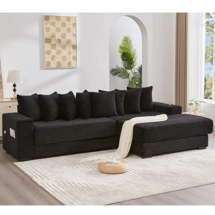 [NEW ARRIVED] [VIDEO PROVIDED] 110.75' Modular L Shaped Sofa, Corduroy Fabric Sectional Couch,With a movable footstool, Cup Holders,Bring 8 throw pillows,Side Pocket,Unfold into a Bed,Black Default -DTYStore