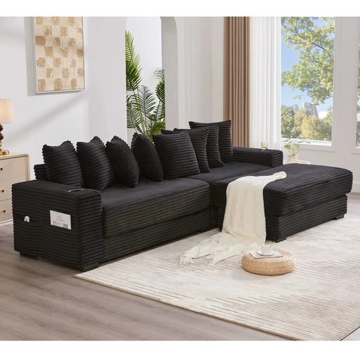 [NEW ARRIVED] [VIDEO PROVIDED] 110.75' Modular L Shaped Sofa, Corduroy Fabric Sectional Couch,With a movable footstool, Cup Holders,Bring 8 throw pillows,Side Pocket,Unfold into a Bed,Black Default -DTYStore
