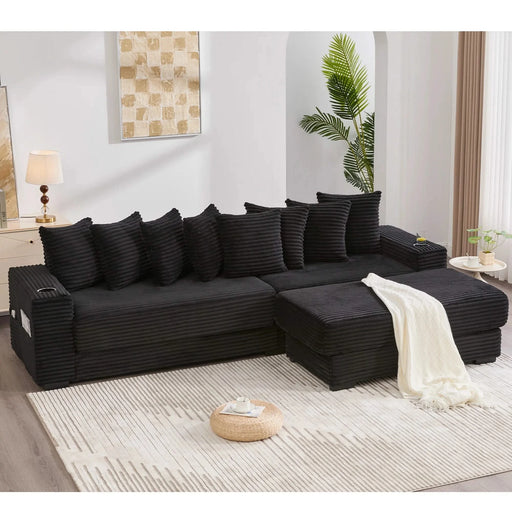 [NEW ARRIVED] [VIDEO PROVIDED] 110.75' Modular L Shaped Sofa, Corduroy Fabric Sectional Couch,With a movable footstool, Cup Holders,Bring 8 throw pillows,Side Pocket,Unfold into a Bed,Black Default -DTYStore