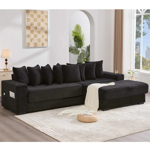 [NEW ARRIVED] [VIDEO PROVIDED] 110.75' Modular L Shaped Sofa, Corduroy Fabric Sectional Couch,With a movable footstool, Cup Holders,Bring 8 throw pillows,Side Pocket,Unfold into a Bed,Black Default -DTYStore