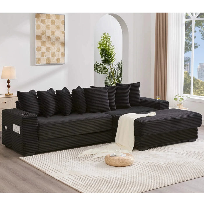 [NEW ARRIVED] [VIDEO PROVIDED] 110.75' Modular L Shaped Sofa, Corduroy Fabric Sectional Couch,With a movable footstool, Cup Holders,Bring 8 throw pillows,Side Pocket,Unfold into a Bed,Black Default -DTYStore