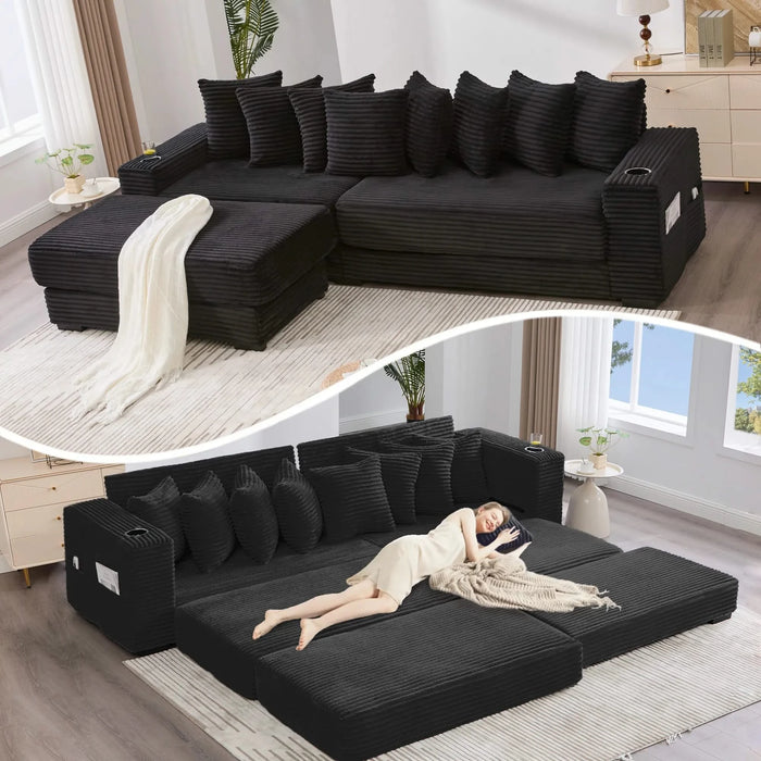 [NEW ARRIVED] [VIDEO PROVIDED] 110.75' Modular L Shaped Sofa, Corduroy Fabric Sectional Couch,With a movable footstool, Cup Holders,Bring 8 throw pillows,Side Pocket,Unfold into a Bed,Black Default -DTYStore