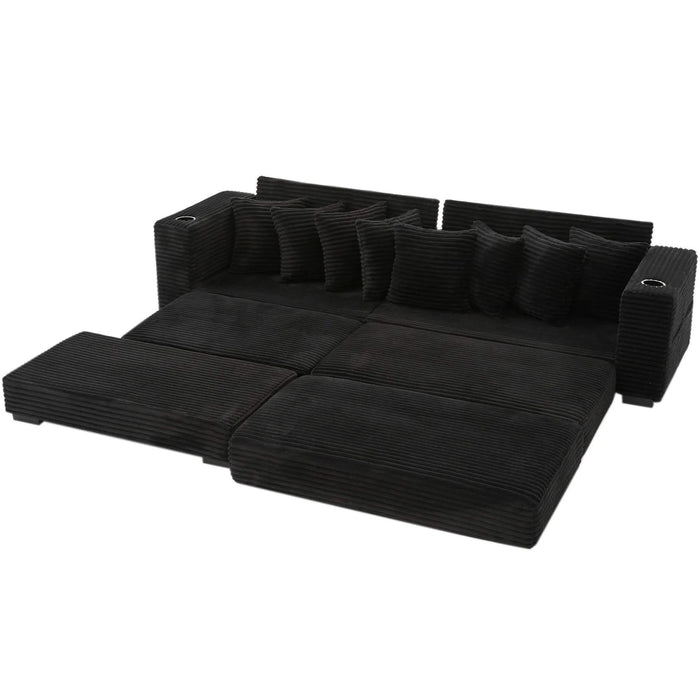 [NEW ARRIVED] [VIDEO PROVIDED] 110.75' Modular L Shaped Sofa, Corduroy Fabric Sectional Couch,With a movable footstool, Cup Holders,Bring 8 throw pillows,Side Pocket,Unfold into a Bed,Black Default -DTYStore