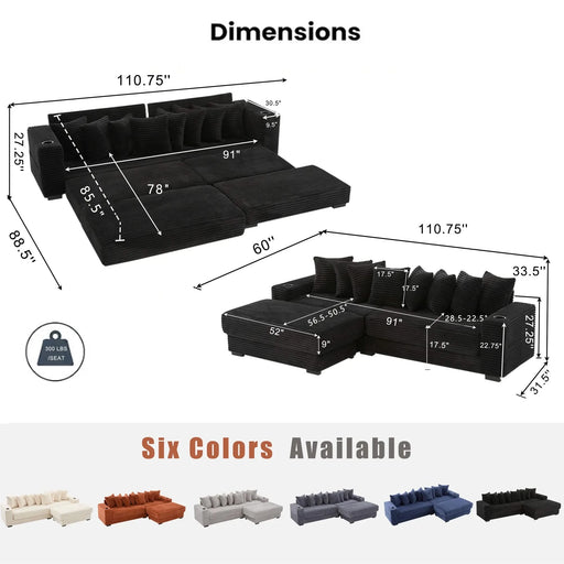 [NEW ARRIVED] [VIDEO PROVIDED] 110.75' Modular L Shaped Sofa, Corduroy Fabric Sectional Couch,With a movable footstool, Cup Holders,Bring 8 throw pillows,Side Pocket,Unfold into a Bed,Black Default -DTYStore