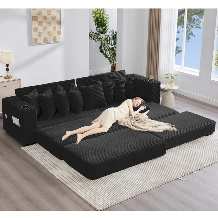 [NEW ARRIVED] [VIDEO PROVIDED] 110.75' Modular L Shaped Sofa, Corduroy Fabric Sectional Couch,With a movable footstool, Cup Holders,Bring 8 throw pillows,Side Pocket,Unfold into a Bed,Black Default -DTYStore