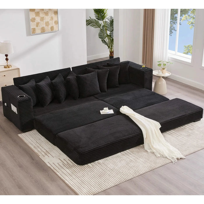 [NEW ARRIVED] [VIDEO PROVIDED] 110.75' Modular L Shaped Sofa, Corduroy Fabric Sectional Couch,With a movable footstool, Cup Holders,Bring 8 throw pillows,Side Pocket,Unfold into a Bed,Black Default -DTYStore