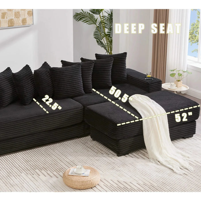 [NEW ARRIVED] [VIDEO PROVIDED] 110.75' Modular L Shaped Sofa, Corduroy Fabric Sectional Couch,With a movable footstool, Cup Holders,Bring 8 throw pillows,Side Pocket,Unfold into a Bed,Black Default -DTYStore