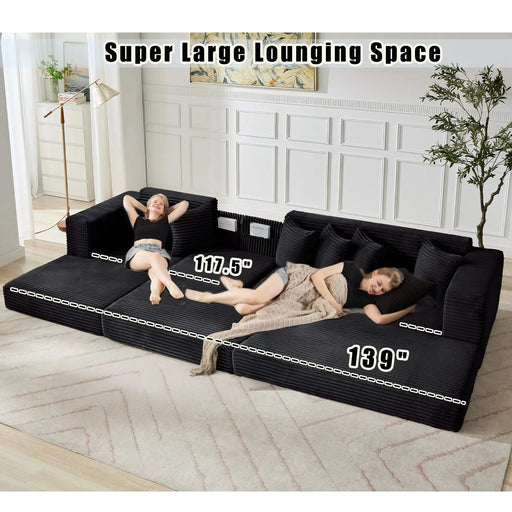[NEW ARRIVED] [VIDEO PROVIDED] Oversize Cloud Sectional Couch, L-Shape Sofa, Convertible Floor Sleeper Sofa Bed, No Assembly ,Eight pillows,3-in-1,Side Pocket,(Left Facing Sofa),3 Seat,Corduroy,Black Default -DTYStore