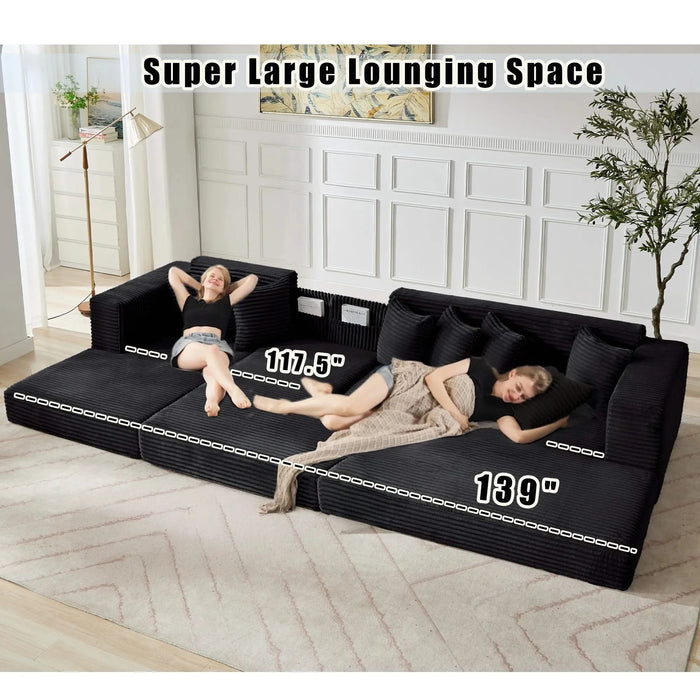 [NEW ARRIVED] [VIDEO PROVIDED] Oversize Cloud Sectional Couch, L-Shape Sofa, Convertible Floor Sleeper Sofa Bed, No Assembly ,Eight pillows,3-in-1,Side Pocket,(Left Facing Sofa),3 Seat,Corduroy,Black Default -DTYStore