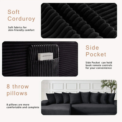 [NEW ARRIVED] [VIDEO PROVIDED] Oversize Cloud Sectional Couch, L-Shape Sofa, Convertible Floor Sleeper Sofa Bed, No Assembly ,Eight pillows,3-in-1,Side Pocket,(Left Facing Sofa),3 Seat,Corduroy,Black Default -DTYStore