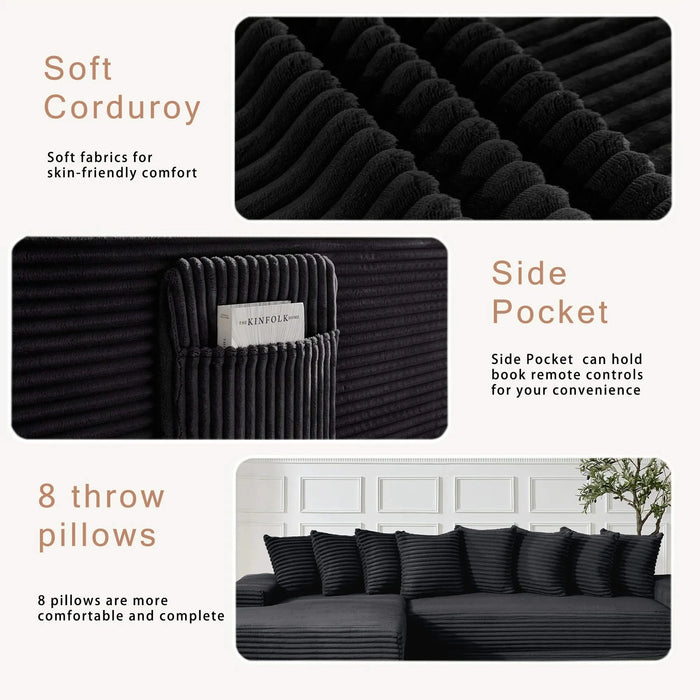 [NEW ARRIVED] [VIDEO PROVIDED] Oversize Cloud Sectional Couch, L-Shape Sofa, Convertible Floor Sleeper Sofa Bed, No Assembly ,Eight pillows,3-in-1,Side Pocket,(Left Facing Sofa),3 Seat,Corduroy,Black Default -DTYStore