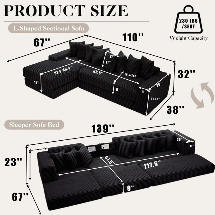 [NEW ARRIVED] [VIDEO PROVIDED] Oversize Cloud Sectional Couch, L-Shape Sofa, Convertible Floor Sleeper Sofa Bed, No Assembly ,Eight pillows,3-in-1,Side Pocket,(Left Facing Sofa),3 Seat,Corduroy,Black Default -DTYStore