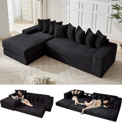 [NEW ARRIVED] [VIDEO PROVIDED] Oversize Cloud Sectional Couch, L-Shape Sofa, Convertible Floor Sleeper Sofa Bed, No Assembly ,Eight pillows,3-in-1,Side Pocket,(Left Facing Sofa),3 Seat,Corduroy,Black Default -DTYStore