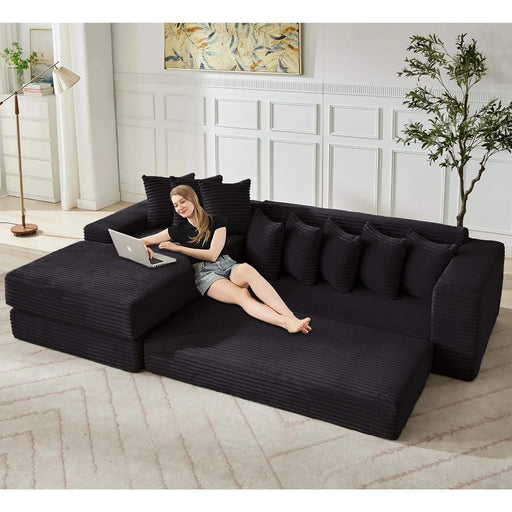 [NEW ARRIVED] [VIDEO PROVIDED] Oversize Cloud Sectional Couch, L-Shape Sofa, Convertible Floor Sleeper Sofa Bed, No Assembly ,Eight pillows,3-in-1,Side Pocket,(Left Facing Sofa),3 Seat,Corduroy,Black Default -DTYStore