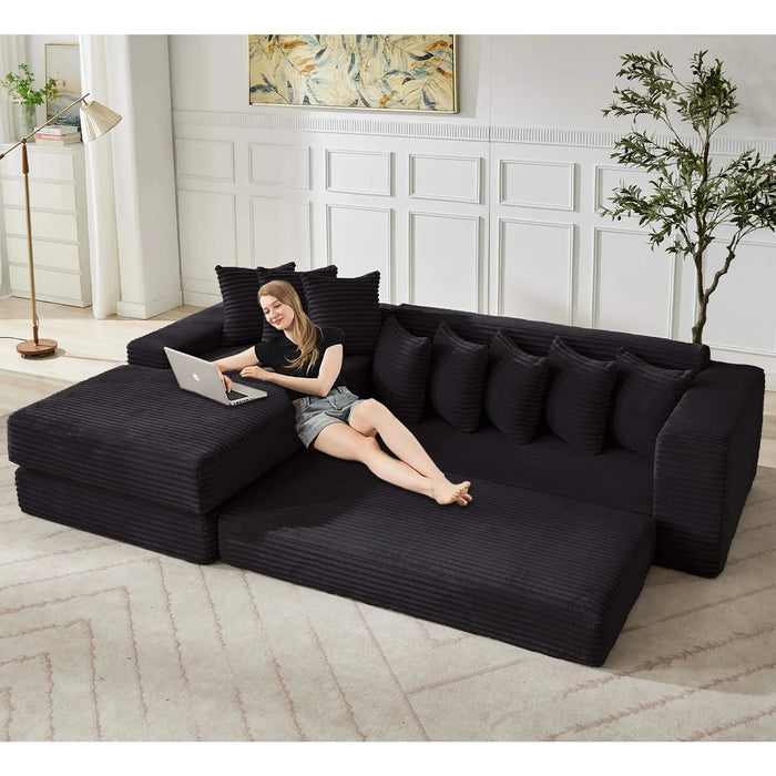 [NEW ARRIVED] [VIDEO PROVIDED] Oversize Cloud Sectional Couch, L-Shape Sofa, Convertible Floor Sleeper Sofa Bed, No Assembly ,Eight pillows,3-in-1,Side Pocket,(Left Facing Sofa),3 Seat,Corduroy,Black Default -DTYStore