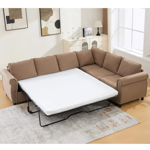 [NEW ARRIVED] [VIDEO PROVIDED] Sleeper Sofa, 2 in 1 Pull Out Couch Bed,6 seater sofa bed, L Shaped Sleeper Sectional Sofa Couch,Riveted sofa,104'' Large combined sofa Bed in living room, Brown Default -DTYStore