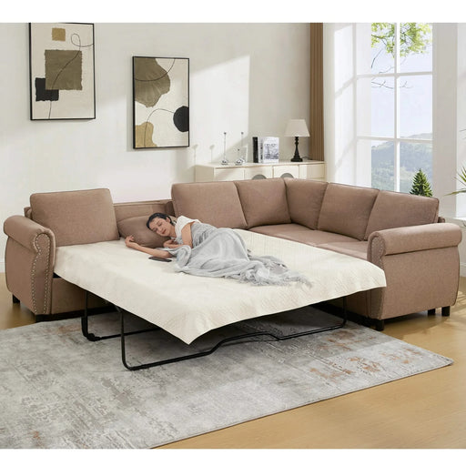 [NEW ARRIVED] [VIDEO PROVIDED] Sleeper Sofa, 2 in 1 Pull Out Couch Bed,6 seater sofa bed, L Shaped Sleeper Sectional Sofa Couch,Riveted sofa,104'' Large combined sofa Bed in living room, Brown Default -DTYStore