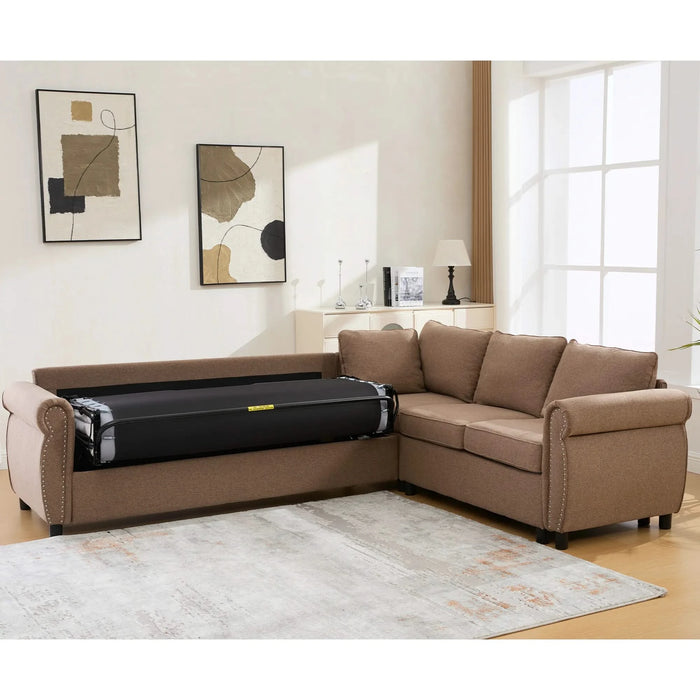 [NEW ARRIVED] [VIDEO PROVIDED] Sleeper Sofa, 2 in 1 Pull Out Couch Bed,6 seater sofa bed, L Shaped Sleeper Sectional Sofa Couch,Riveted sofa,104'' Large combined sofa Bed in living room, Brown Default -DTYStore