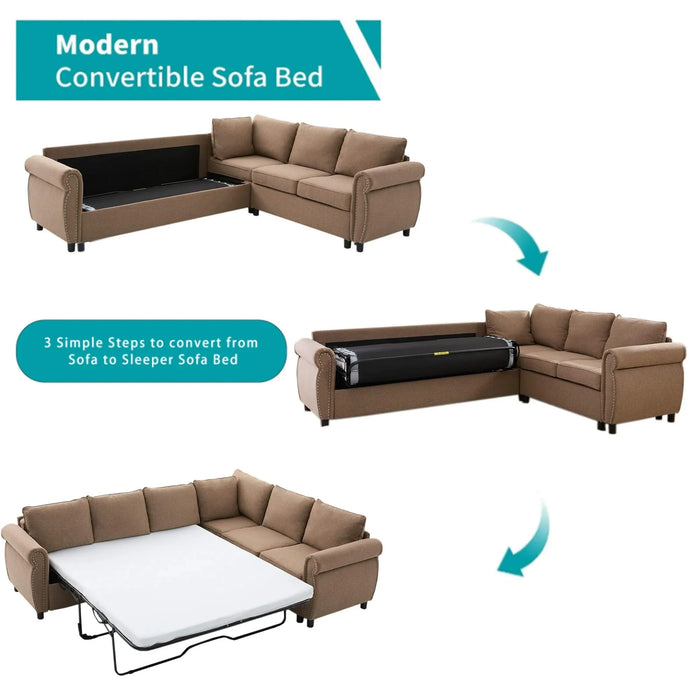[NEW ARRIVED] [VIDEO PROVIDED] Sleeper Sofa, 2 in 1 Pull Out Couch Bed,6 seater sofa bed, L Shaped Sleeper Sectional Sofa Couch,Riveted sofa,104'' Large combined sofa Bed in living room, Brown Default -DTYStore