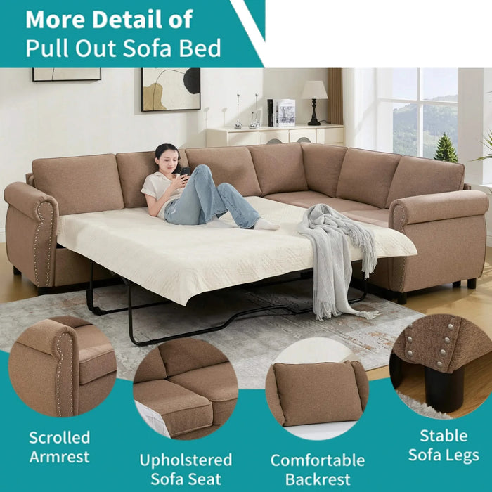 [NEW ARRIVED] [VIDEO PROVIDED] Sleeper Sofa, 2 in 1 Pull Out Couch Bed,6 seater sofa bed, L Shaped Sleeper Sectional Sofa Couch,Riveted sofa,104'' Large combined sofa Bed in living room, Brown Default -DTYStore