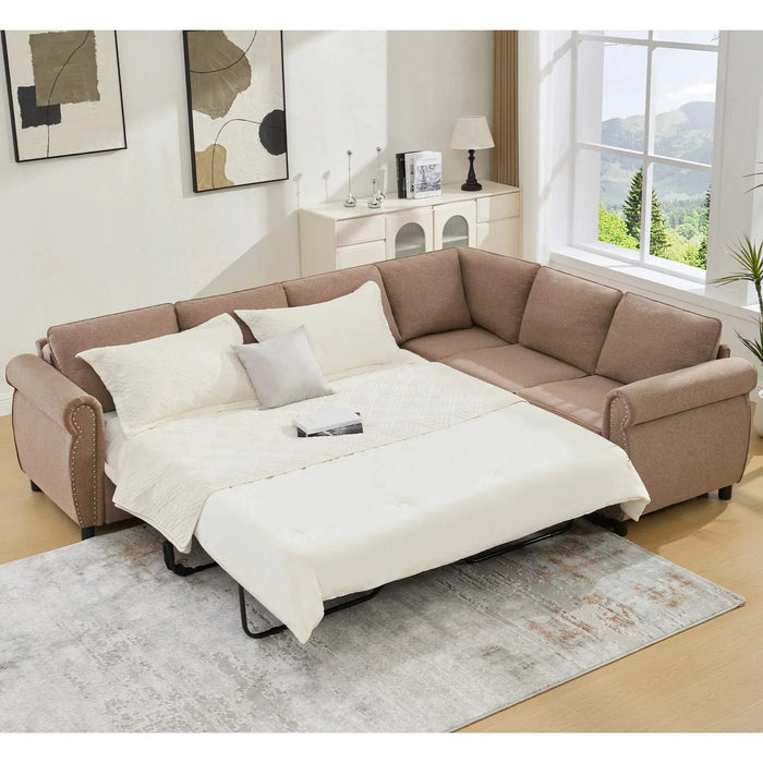 [NEW ARRIVED] [VIDEO PROVIDED] Sleeper Sofa, 2 in 1 Pull Out Couch Bed,6 seater sofa bed, L Shaped Sleeper Sectional Sofa Couch,Riveted sofa,104'' Large combined sofa Bed in living room, Brown Default -DTYStore