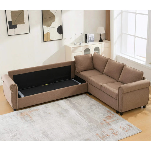 [NEW ARRIVED] [VIDEO PROVIDED] Sleeper Sofa, 2 in 1 Pull Out Couch Bed,6 seater sofa bed, L Shaped Sleeper Sectional Sofa Couch,Riveted sofa,104'' Large combined sofa Bed in living room, Brown Default -DTYStore