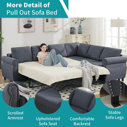 [NEW ARRIVED] [VIDEO PROVIDED] Sleeper Sofa, 2 in 1 Pull Out Couch Bed,6 seater sofa bed, L Shaped Sleeper Sectional Sofa Couch,Riveted sofa,104'' Large combined sofa Bed in living room, GRAY Default -DTYStore