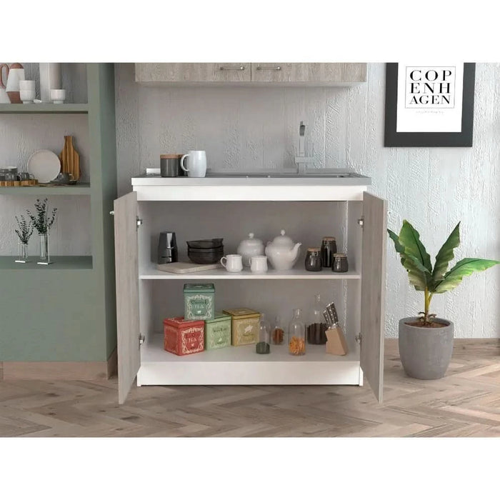 Napoles Utility Sink with Cabinet One Shelf, Double Door Cabinet -Smokey Oak / Light Gray - DTY Store