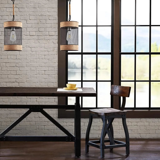 Natural Rope and Metal Mesh Cylinder Pendant Default -DTYStore