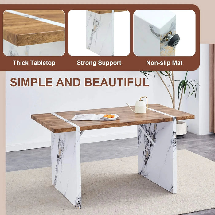 Natural Wood Grain MDF Dining Table - 55'x31.5' Stable Design.Suitable For Various Modern Home Decor Styles.Splicing structure design,Wood Textured Desktop,White Marble Patterned Table Legs. Default -DTYStore